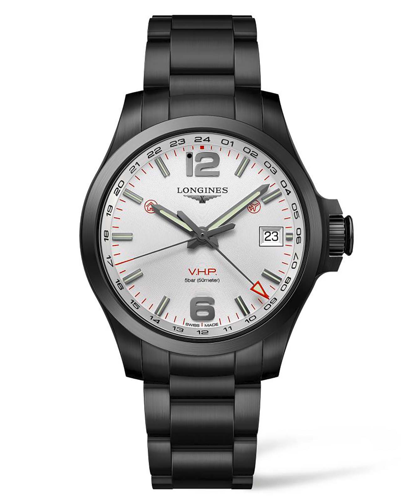Longines Longines Conquest V.H.P. L3.718.2.76.6  L37182766 кварцевые мужские часы белый циферблат, браслет сталь c pvd покрытием — вид спереди